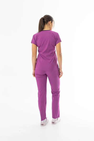 Likra Yarasa Kol Doktor Hemşire Forması Alt Üst Takım Fuşya (LYRS1021) - 6