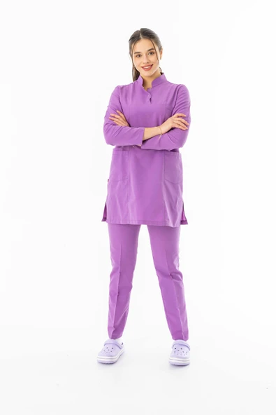 Terikoton Uzun Kol Doktor Hemşire Forması Alt Üst Takım Koyu Lila (TTST0009) - 2