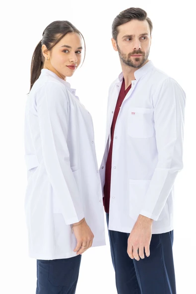 Hakim Yaka Orta Boy Kadın Doktor Önlüğü Alpaka Kumaş Beyaz (BKO002) - 10