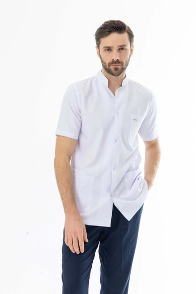 Hakim Yaka Kısa Kol Erkek Doktor Önlüğü Alpaka Kumaş Beyaz (BEO105) - 5