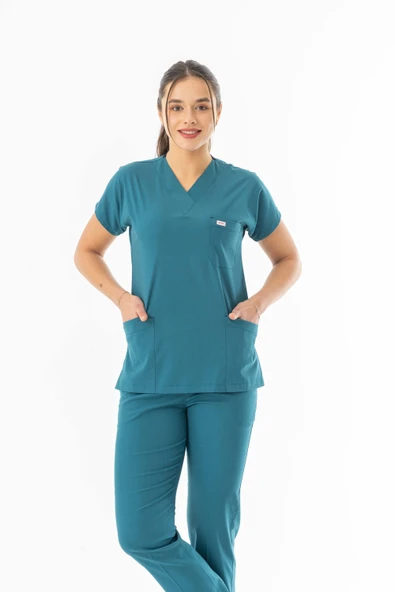 Likra Yarasa Kol Doktor Hemşire Forması Alt Üst Takım Petrol Yeşili (LYRS1015) - 3
