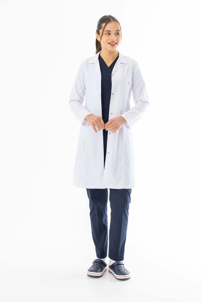 Spor Yaka Uzun Boy Kadın Doktor Önlüğü Alpaka Kumaş Beyaz (BKO007) - 2