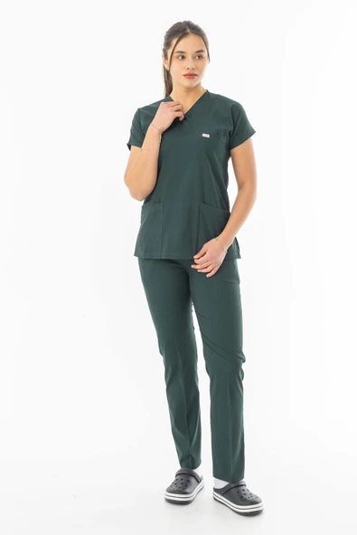 Likra Yarasa Kol Doktor Hemşire Forması Alt Üst Takım Avcı Yeşili (LYRS1004)