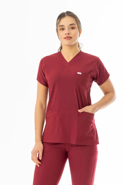 Likra Yarasa Kol Doktor Hemşire Forması Alt Üst Takım Bordo (LYRS1003) - 4