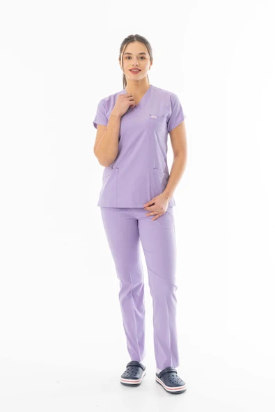 Likra Yarasa Kol Doktor Hemşire Forması Alt Üst Takım Lila (LYRS1019) - 2
