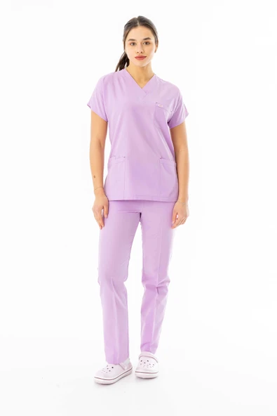 Terikoton Yarasa Kol Doktor Hemşire Forması Alt Üst Takım Lila (TYRS0008)