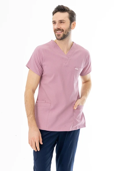 Gofre Likra Yarasa Kol Doktor Hemşire Tek Üst Forma Pembe (GFR3004) - 9