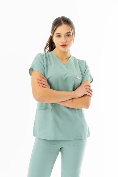 Terikoton Yarasa Kol Doktor Hemşire Forması Küf Yeşili (TYRS0004)