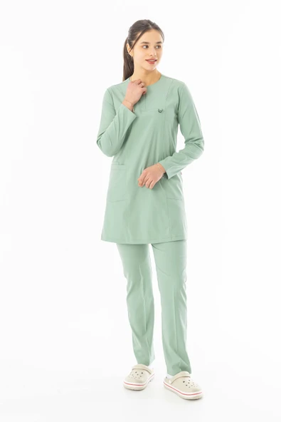 Likra Uzun Kol Doktor Hemşire Forması Alt Üst Takım Küf Yeşili (LTST20020) - 2