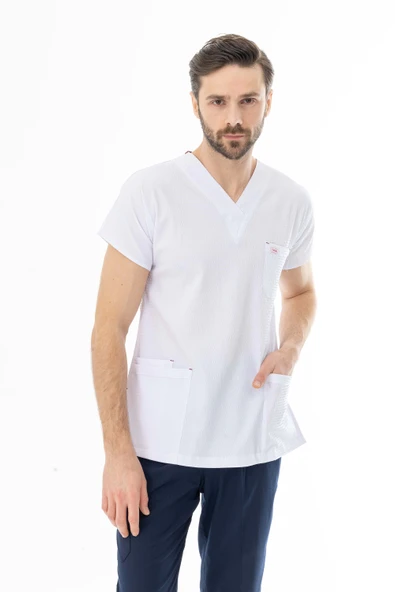 Gofre Likra Yarasa Kol Doktor Hemşire Tek Üst Forma Beyaz (GFR3003) - 8