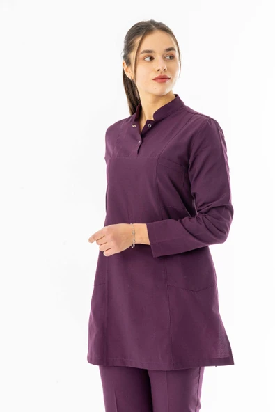 Terikoton Uzun Kol Doktor Hemşire Forması Alt Üst Takım Mürdüm (TTST0005)