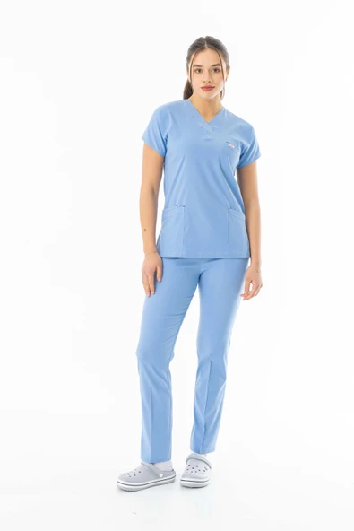 Likra Yarasa Kol Doktor Hemşire Forması Alt Üst Takım Açık Mavi (LYRS10013)