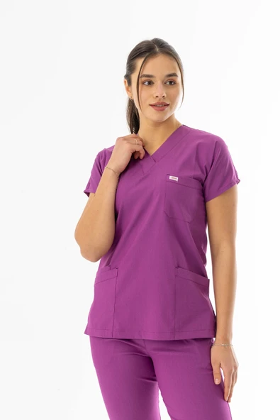 Likra Yarasa Kol Doktor Hemşire Forması Alt Üst Takım Fuşya (LYRS1021) - 3