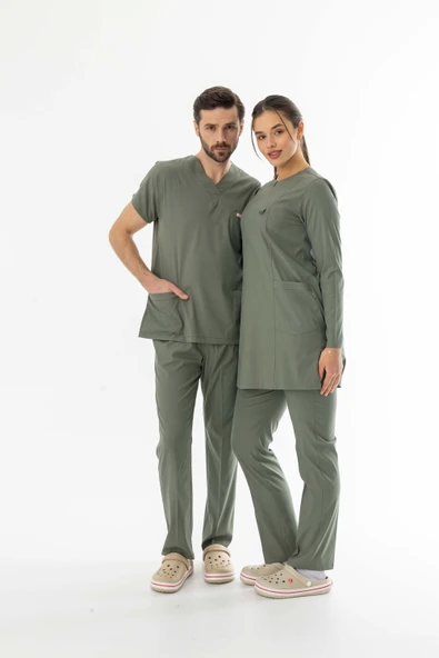 Likra Uzun Kol Doktor Hemşire Forması Alt Üst Takım Olivya Yeşili (LTST200017) - 10
