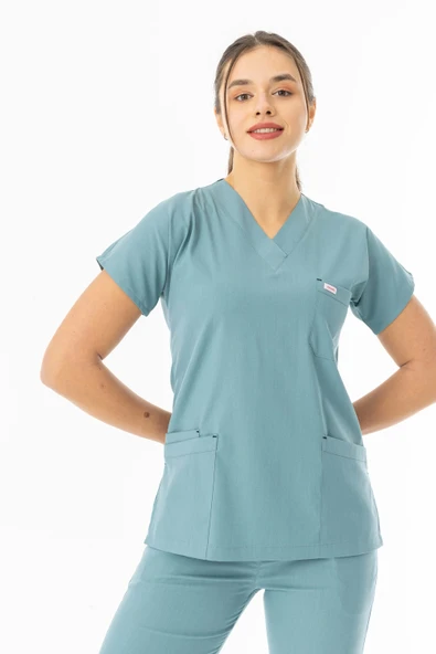 Likra Yarasa Kol Doktor Hemşire Forması Alt Üst Takım Filiz Yeşili (LYRS1023) - 4
