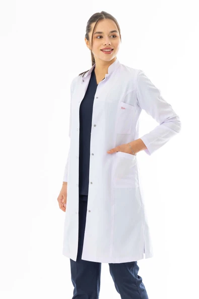 Hakim Yaka Uzun Boy Kadın Doktor Önlüğü Alpaka Kumaş Beyaz (BKO003) - 4