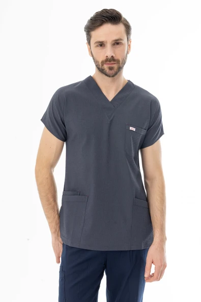 Gofre Likra Yarasa Kol Doktor Hemşire Tek Üst Forma Füme Gri (GFR3005) - 9