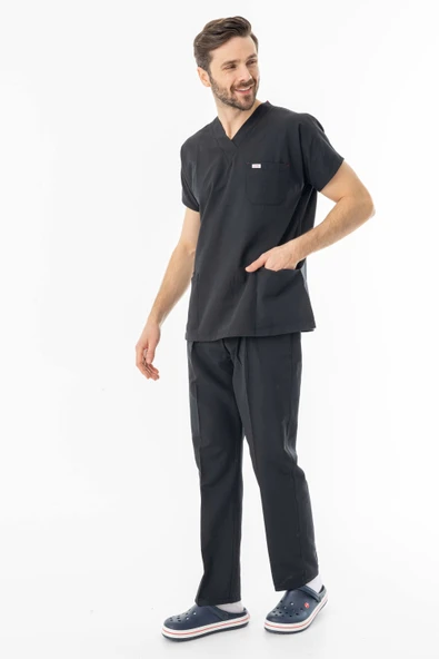 Terikoton Yarasa Kol Doktor Hemşire Forması Alt Üst Takım Siyah (TYRS0002) - 7