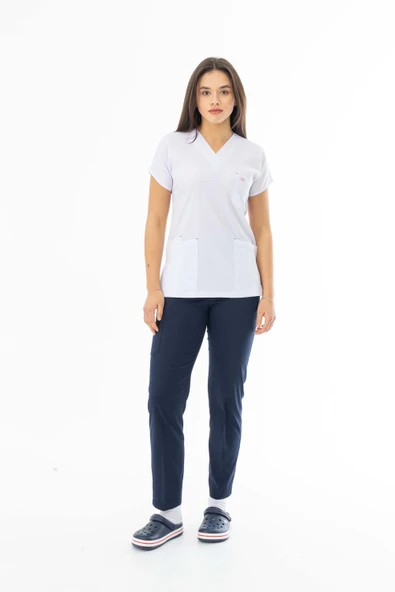 Gofre Likra Yarasa Kol Doktor Hemşire Tek Üst Forma Beyaz (GFR3003)