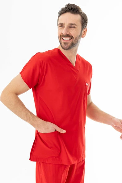 Likra Yarasa Kol Doktor Hemşire Forması Alt Üst Takım Kırmızı (LYRS1008) - 10