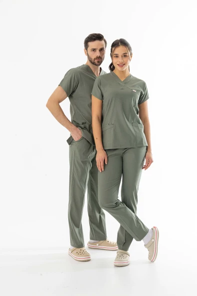 Likra Yarasa Kol Doktor Hemşire Forması Alt Üst Takım Olivya Yeşili (LYRS1018) - 6