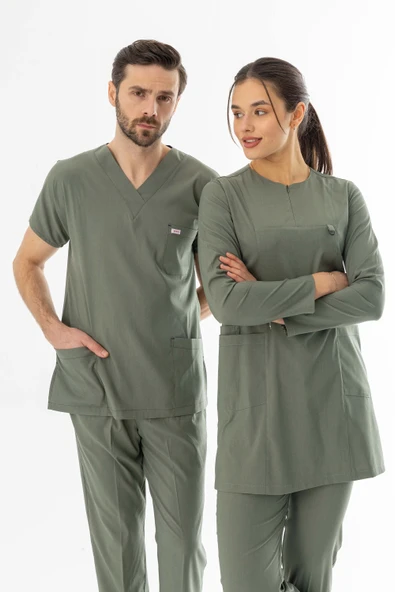 Likra Uzun Kol Doktor Hemşire Forması Alt Üst Takım Olivya Yeşili (LTST200017) - 7