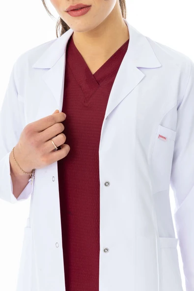Spor Yaka Orta Boy Kadın Doktor Önlüğü Alpaka Kumaş Beyaz (BKO006) - 5