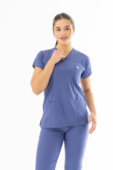 Likra Yarasa Kol Doktor Hemşire Forması Alt Üst Takım Kot Mavisi (LYRS1020) - 2
