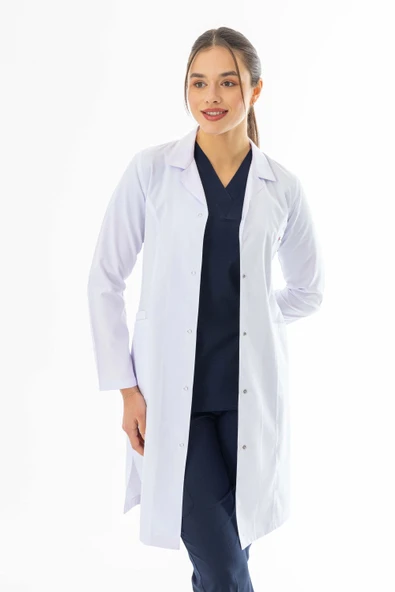 Spor Yaka Uzun Boy Kadın Doktor Önlüğü Alpaka Kumaş Beyaz (BKO007) - 4