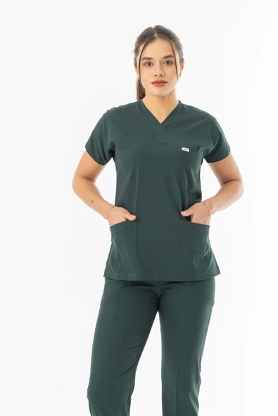 Likra Yarasa Kol Doktor Hemşire Forması Alt Üst Takım Avcı Yeşili (LYRS1004) - 3