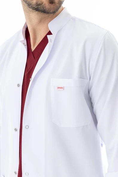 Hakim Yaka Uzun Boy Erkek Doktor Önlüğü Alpaka Kumaş Beyaz (BEO103) - 5