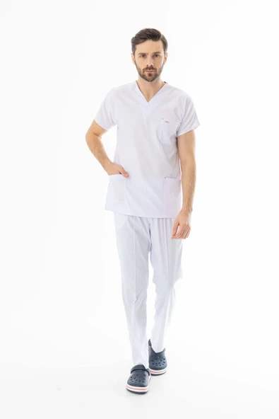 Likra Yarasa Kol Doktor Hemşire Forması Alt Üst Takım Beyaz (LYRS1014) - 7