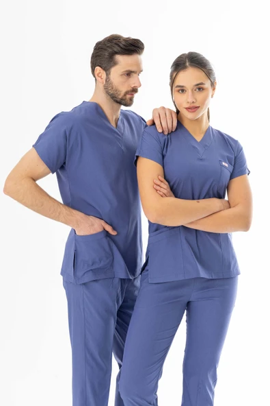 Likra Yarasa Kol Doktor Hemşire Forması Alt Üst Takım Kot Mavisi (LYRS1020) - 6