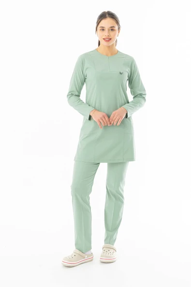 Likra Uzun Kol Doktor Hemşire Forması Alt Üst Takım Küf Yeşili (LTST20020)