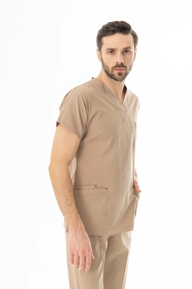 Likra Yarasa Kol Doktor Hemşire Forması Alt Üst Takım Bej (LYRS1007) - 7