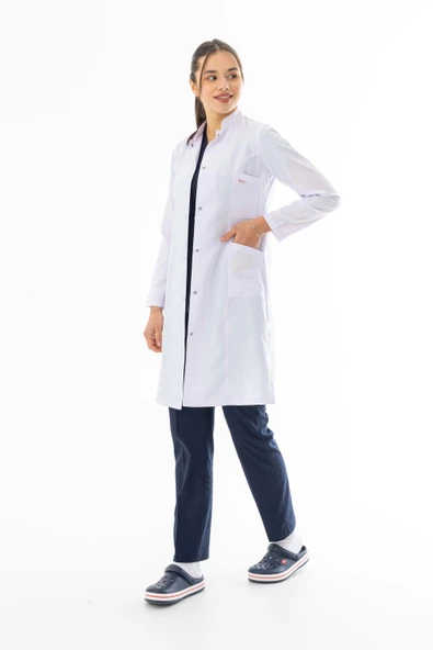 Hakim Yaka Uzun Boy Kadın Doktor Önlüğü Alpaka Kumaş Beyaz (BKO003) - 2