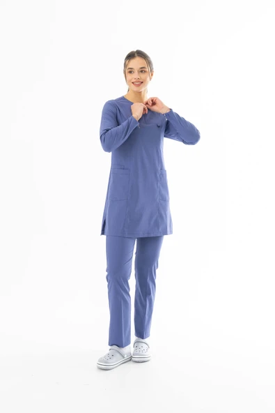 Likra Uzun Kol Doktor Hemşire Forması Alt Üst Takım Kot Mavisi (LTST20004) - 3