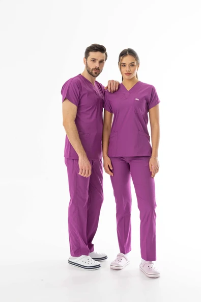 Likra Yarasa Kol Doktor Hemşire Forması Alt Üst Takım Fuşya (LYRS1021) - 5