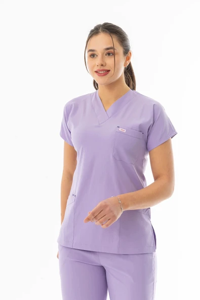 Likra Yarasa Kol Doktor Hemşire Forması Alt Üst Takım Lila (LYRS1019) - 4