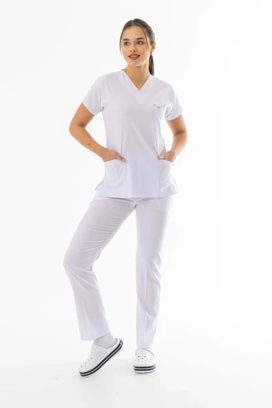 Likra Yarasa Kol Doktor Hemşire Forması Alt Üst Takım Beyaz (LYRS1014) - 3