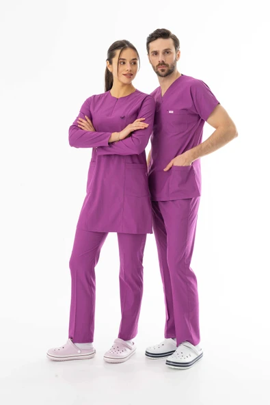 Likra Uzun Kol Doktor Hemşire Forması Alt Üst Takım Fuşya (LTST200015) - 8
