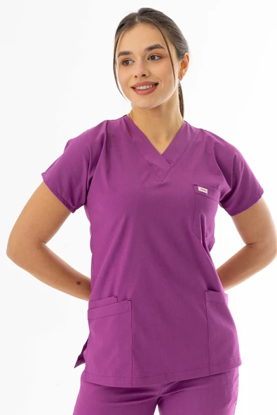 Likra Yarasa Kol Doktor Hemşire Forması Alt Üst Takım Fuşya (LYRS1021) - 4