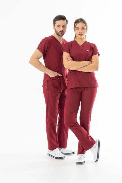 Likra Yarasa Kol Doktor Hemşire Forması Alt Üst Takım Bordo (LYRS1003) - 6