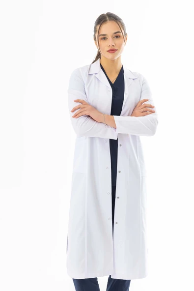 Spor Yaka Maxi Boy Kadın Doktor Önlüğü Alpaka Kumaş Beyaz (BKO008) - 5