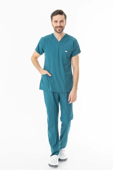 Likra Yarasa Kol Doktor Hemşire Forması Alt Üst Takım Petrol Yeşili (LYRS1015) - 6