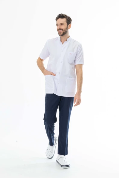 Hakim Yaka Kısa Kol Erkek Doktor Önlüğü Alpaka Kumaş Beyaz (BEO105) - 4