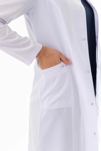 Hakim Yaka Uzun Boy Kadın Doktor Önlüğü Alpaka Kumaş Beyaz (BKO003) - 8