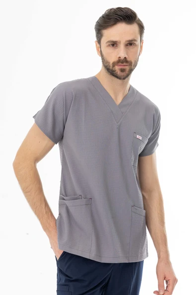 Gofre Likra Yarasa Kol Doktor Hemşire Tek Üst Forma Açık Gri (GFR3008) - 6