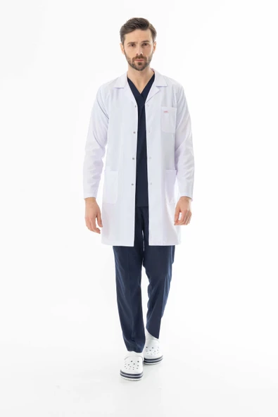 Spor Yaka Uzun Boy Erkek Doktor Önlüğü Alpaka Kumaş Beyaz (BEO102)
