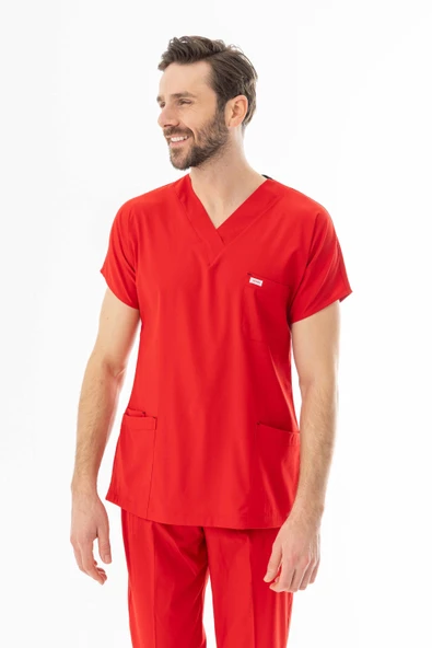 Likra Yarasa Kol Doktor Hemşire Forması Alt Üst Takım Kırmızı (LYRS1008) - 9